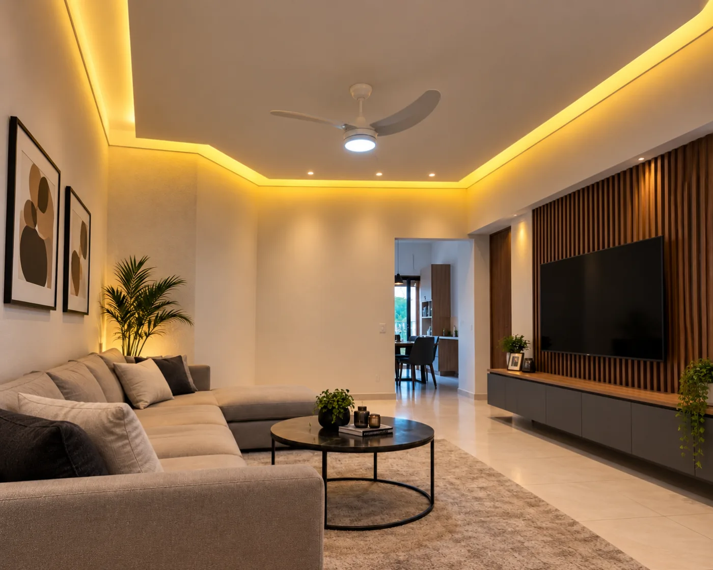 Sala com forro de drywall e sanca de LED acesa no perímetro do teto
